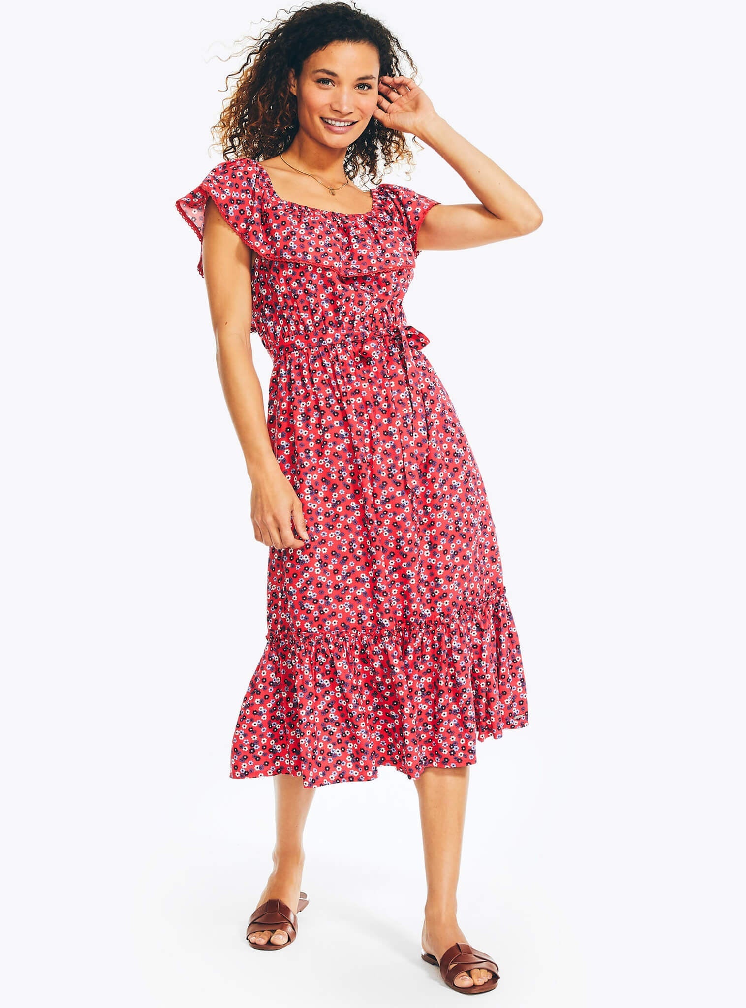 Vestido Volantes Print Flores Rojo Sustainably Crafted Mujer