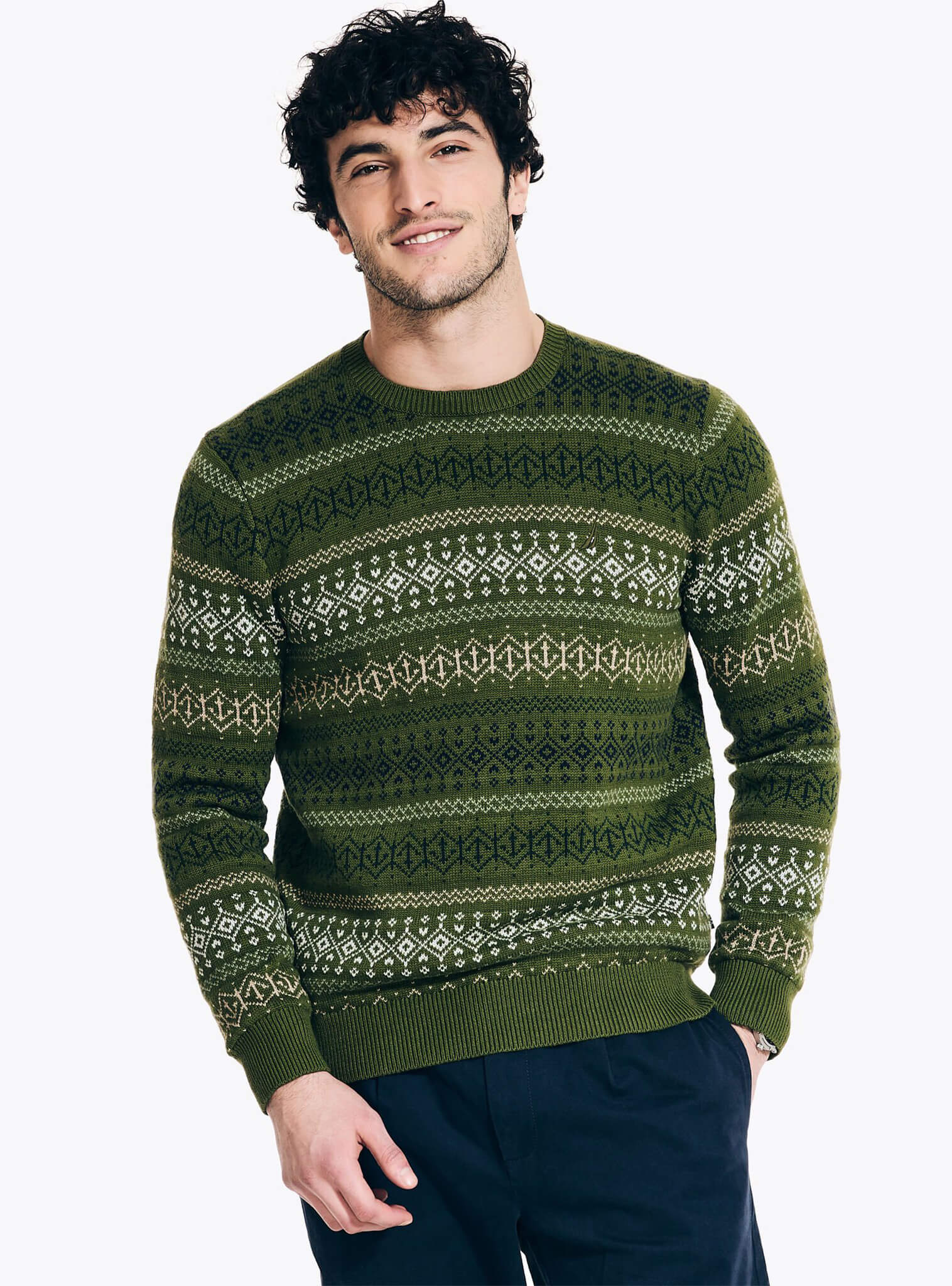 Sweater Manga Larga Jacquard Verde Hombre