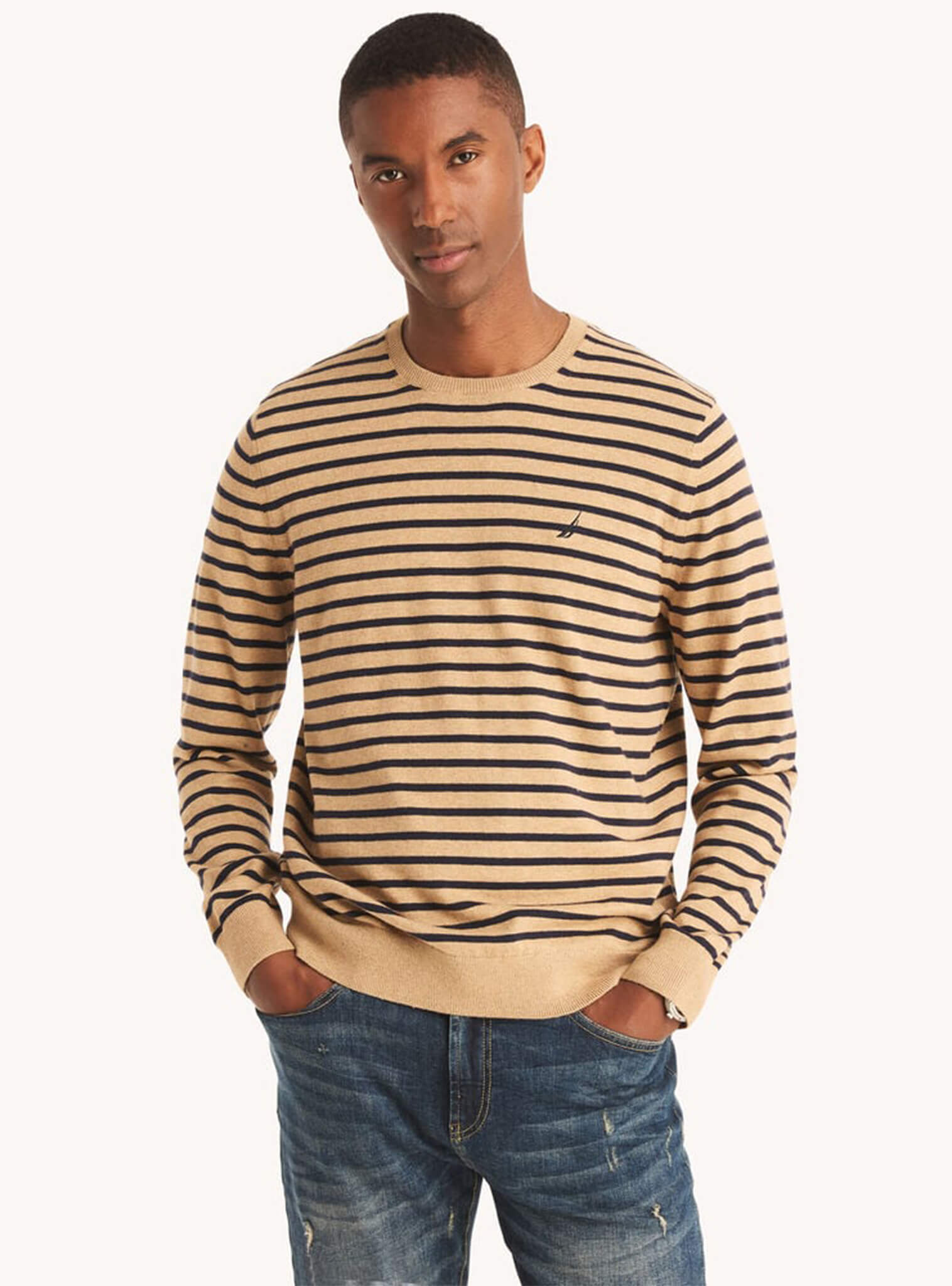 Sweater Manga Larga Cuello Redondo A Rayas Beige Hombre