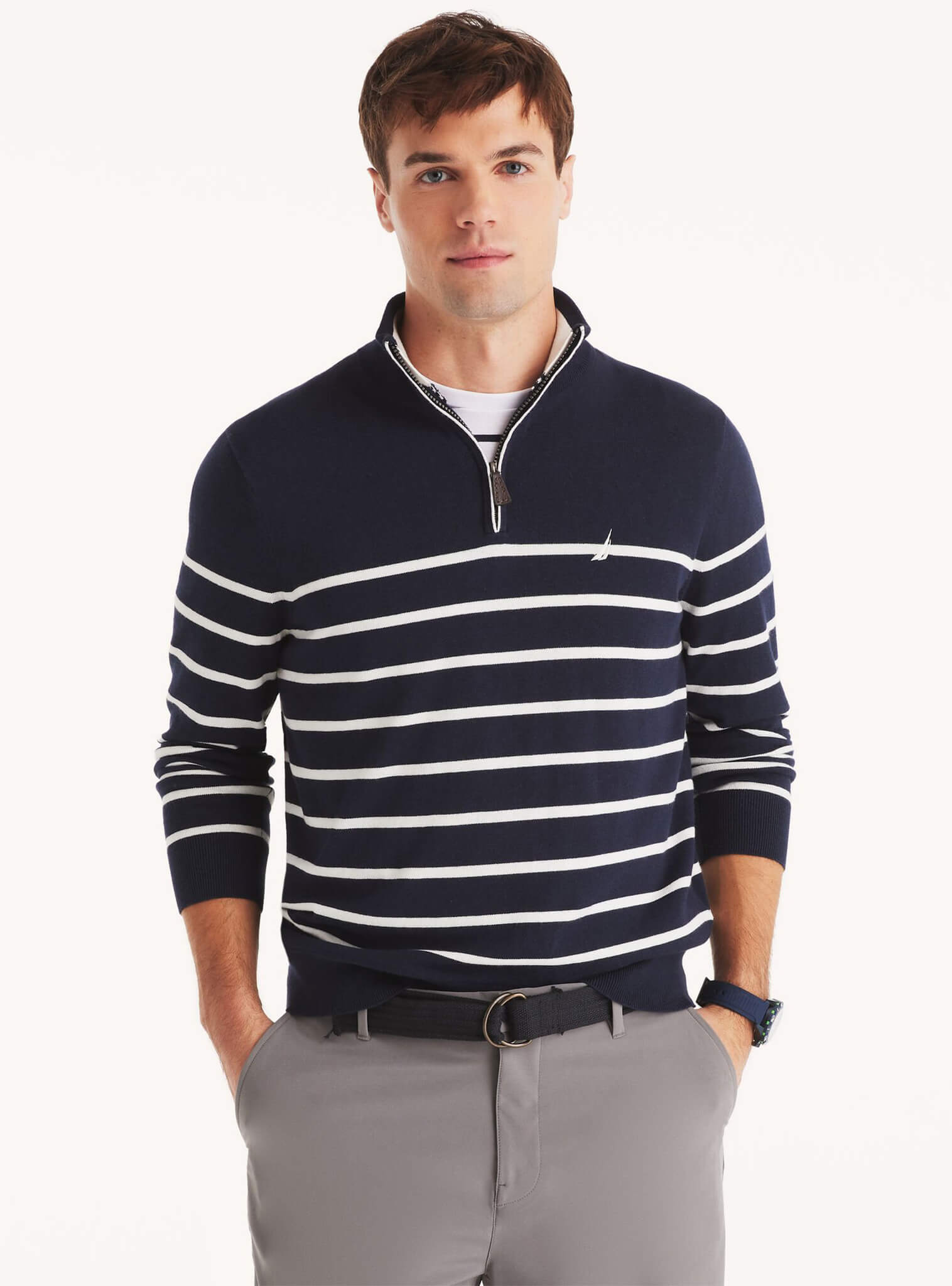 Sweater Manga Larga Medio Cierre A Rayas Azul Marino Hombre