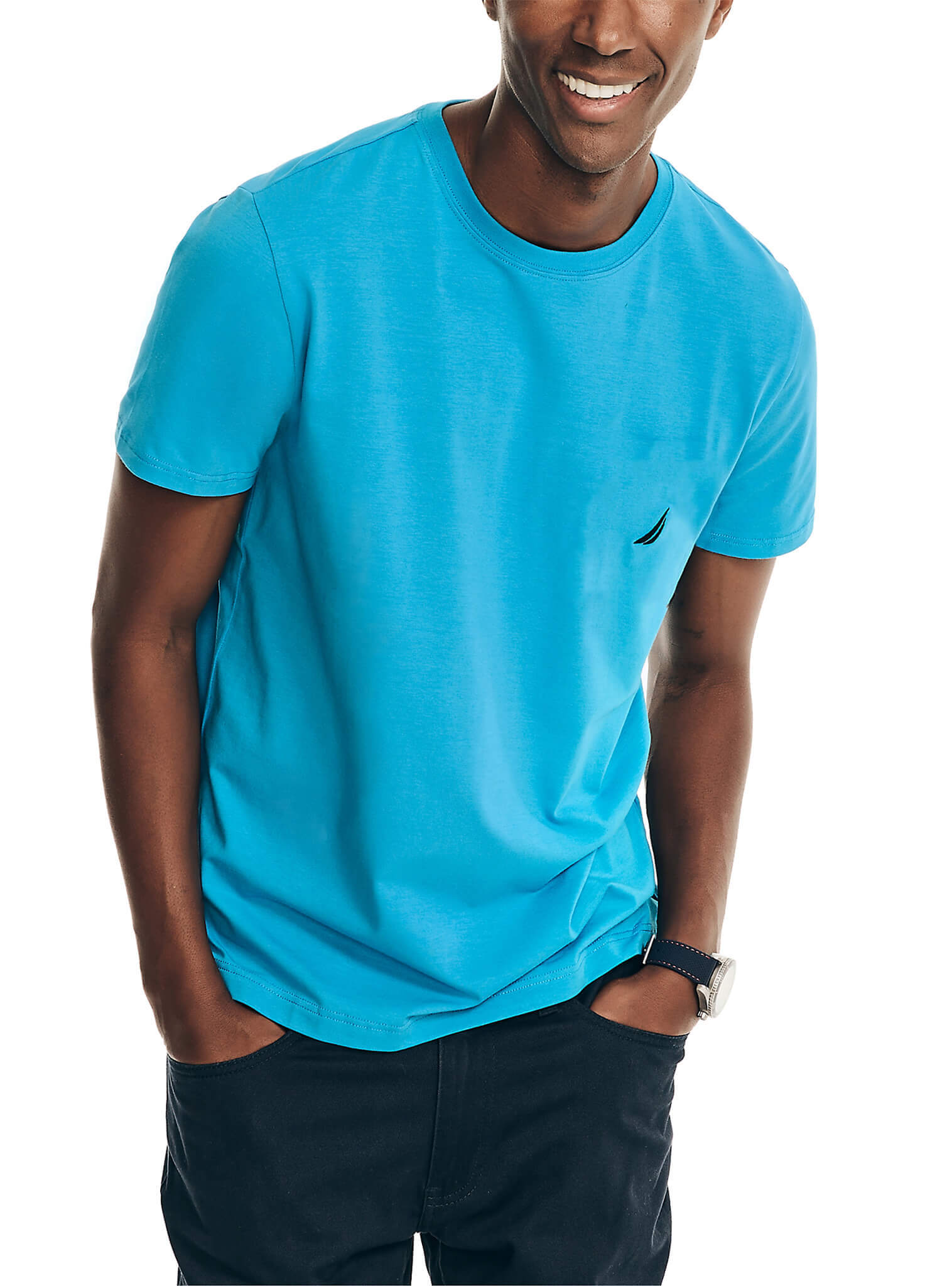 Polera Manga Corta Cuello Redondo Básica Azul Cyan Hombre