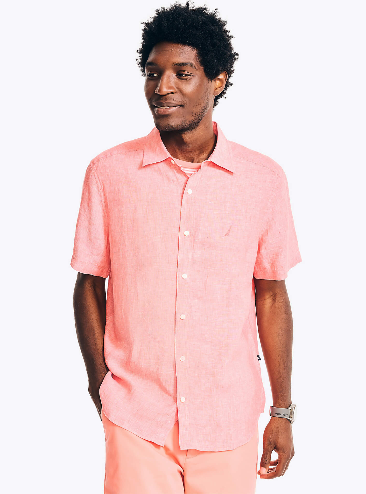 Camisa Manga Corta Sólida Lino Rosado Hombre