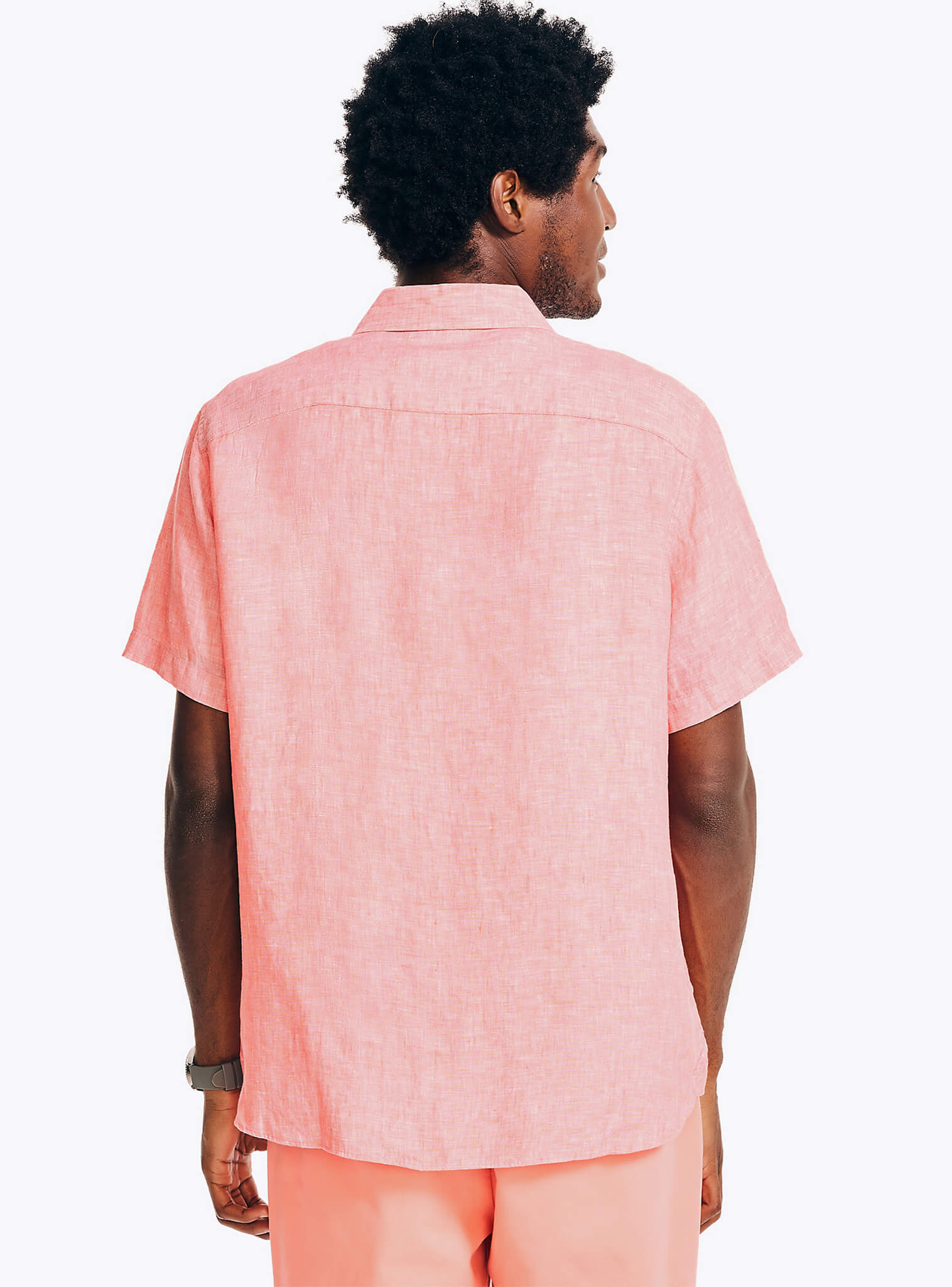 Camisa Manga Corta Sólida Lino Rosado Hombre