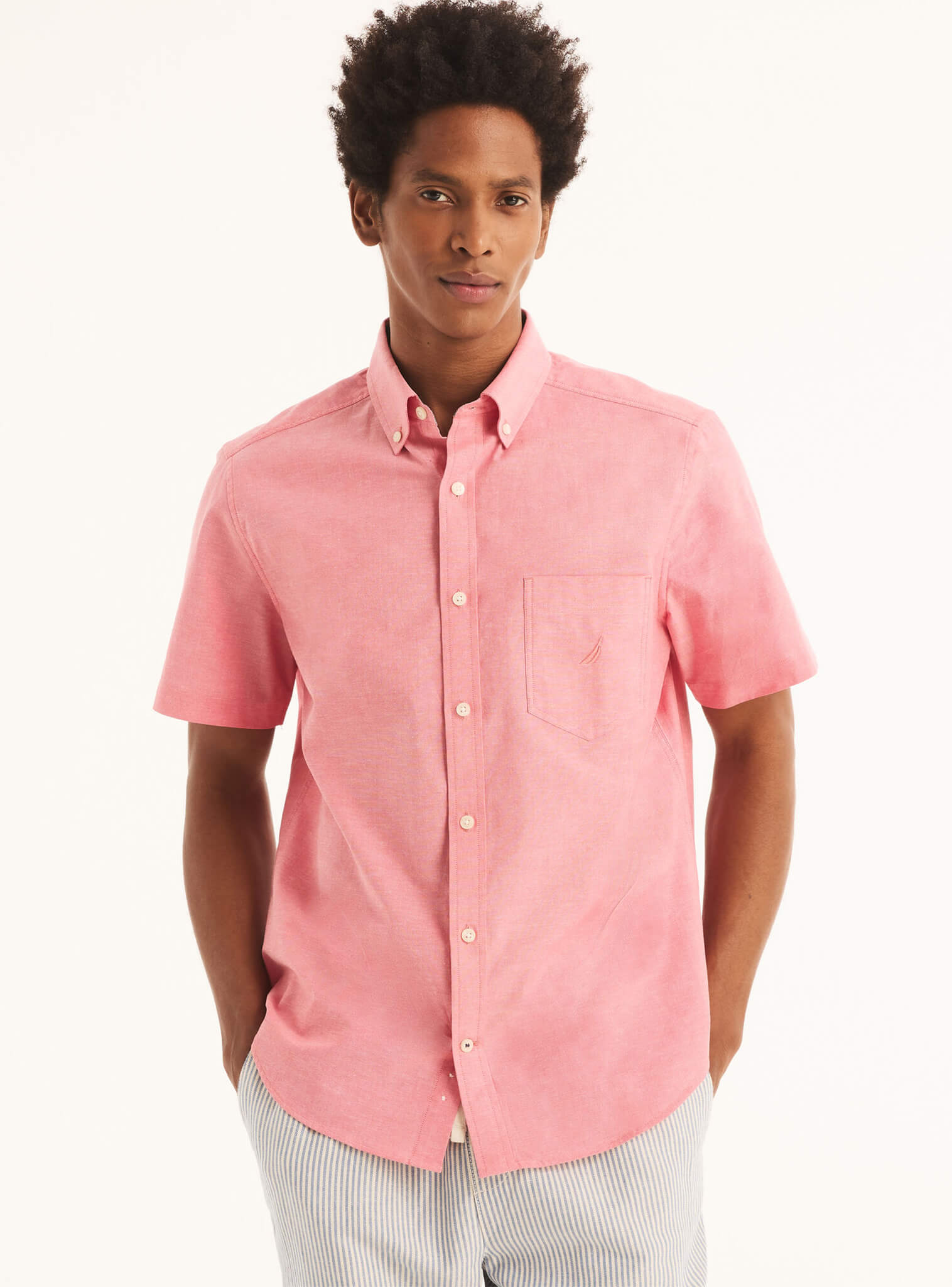 Camisa Manga Corta Sólida Rosado Oxford Hombre