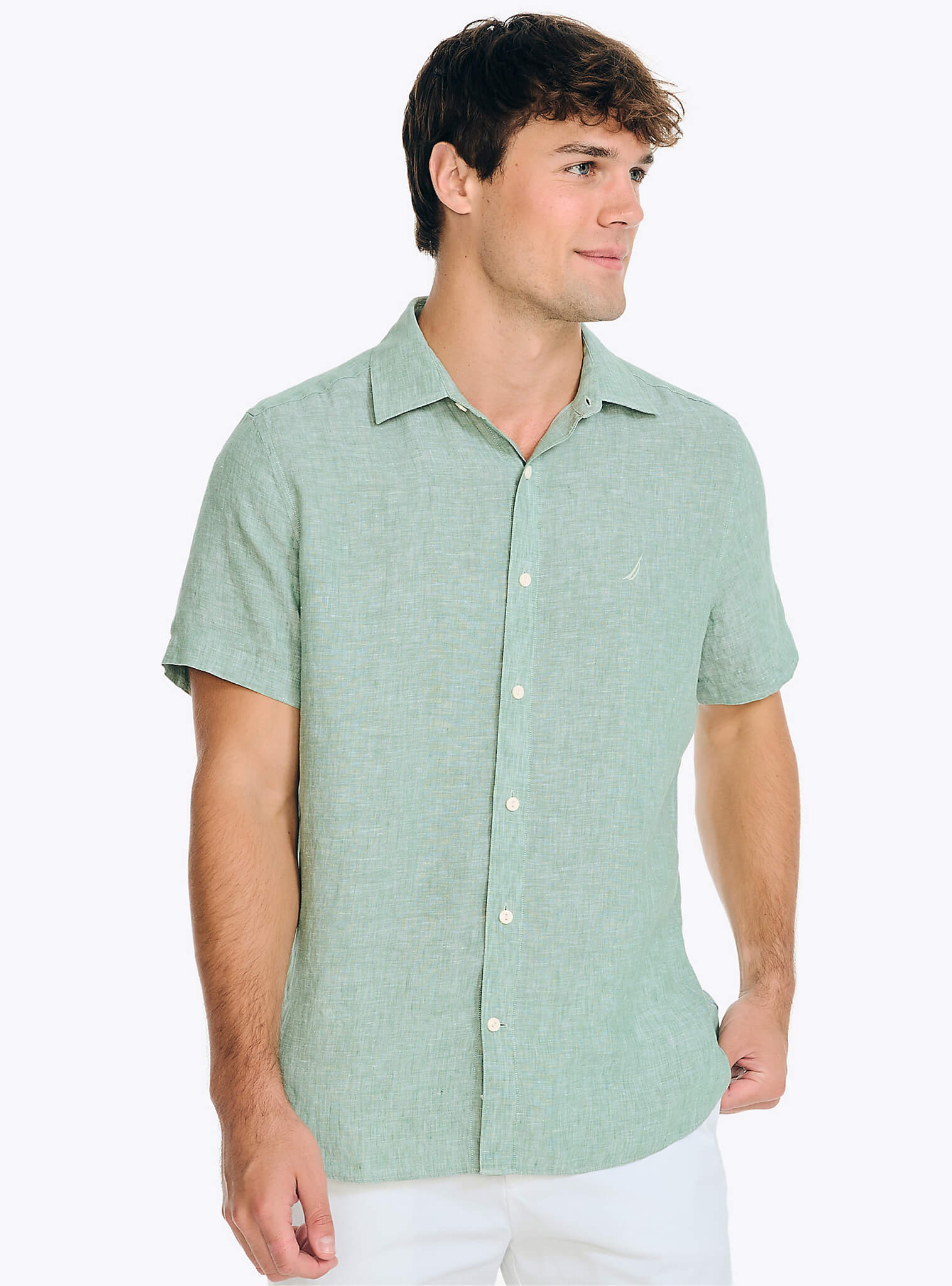 Camisa Manga Corta Sólida Lino Verde Agua Hombre