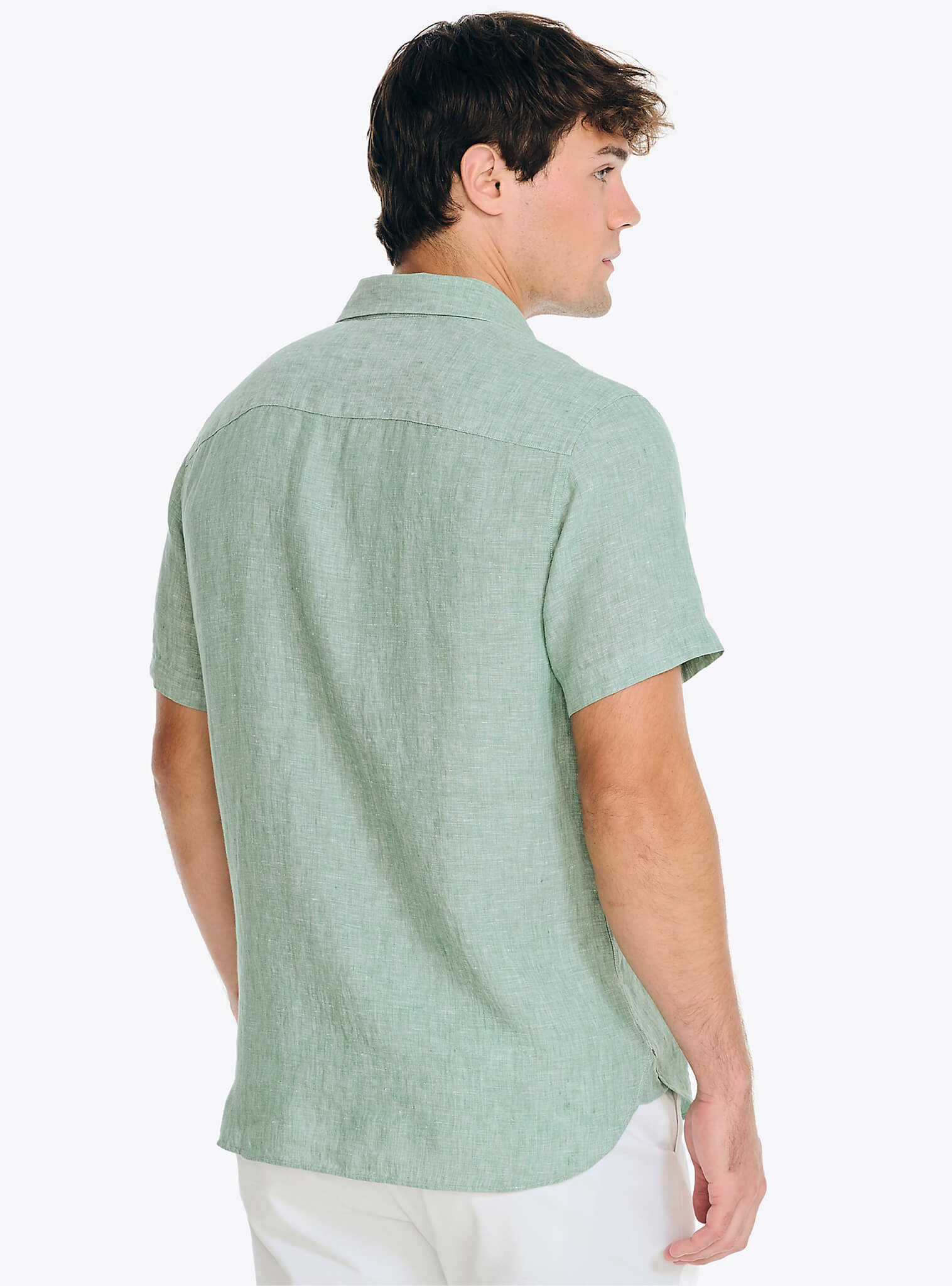 Camisa Manga Corta Sólida Lino Verde Agua Hombre