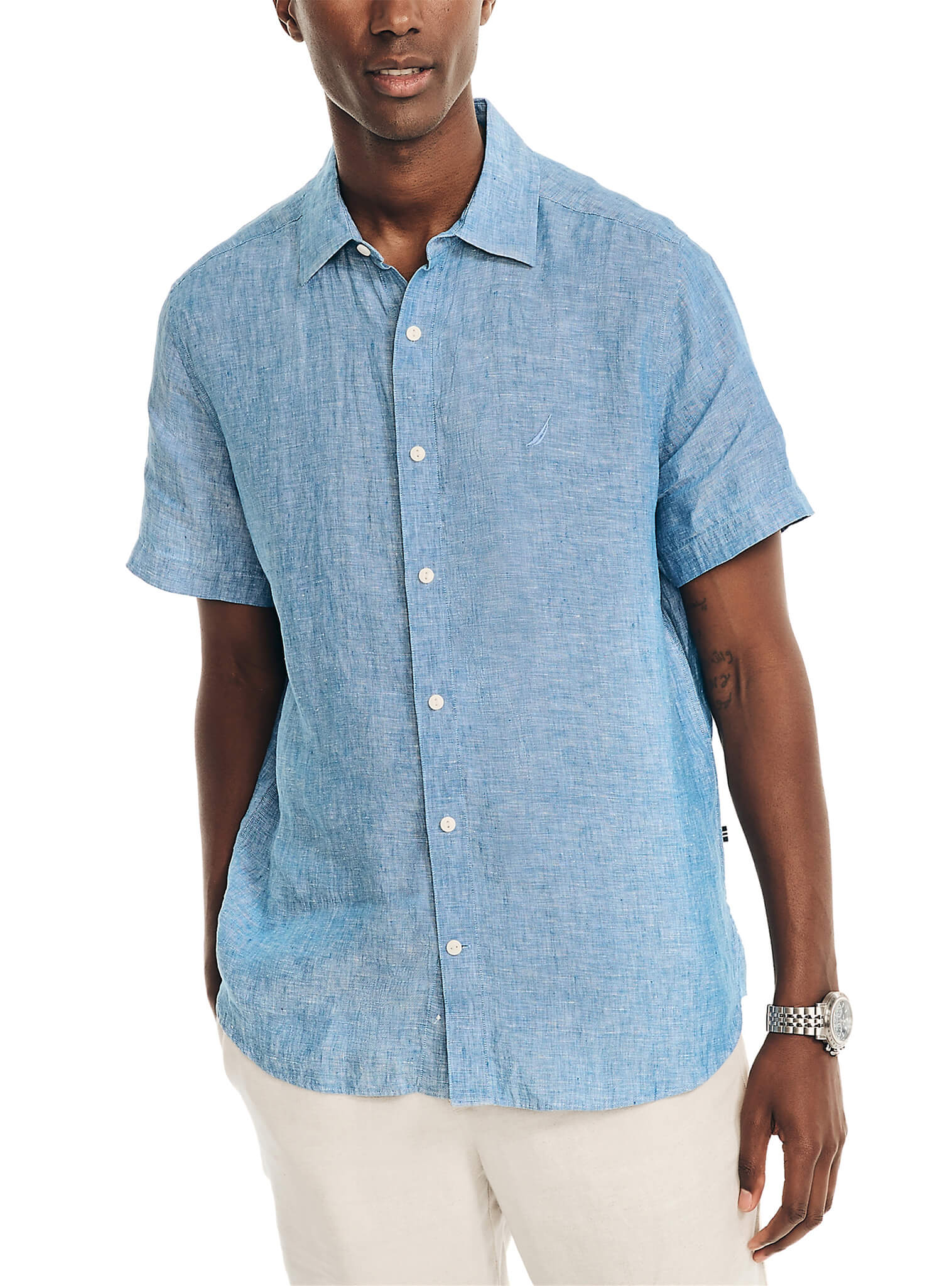 Camisa Manga Corta Sólida Lino Azul Hombre