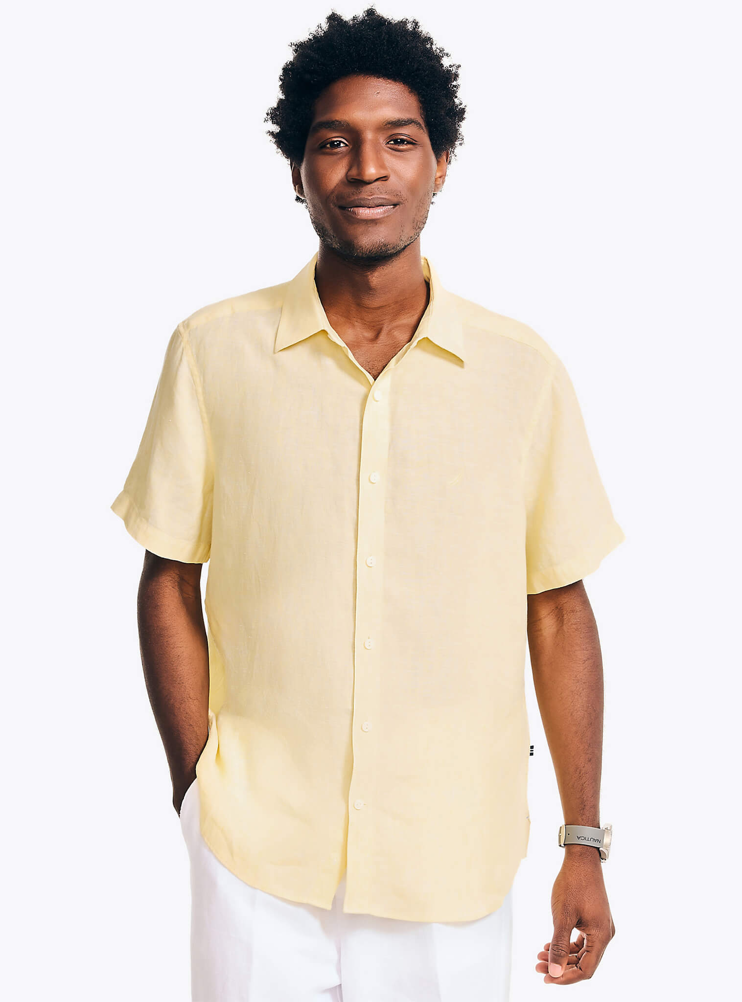 Camisa Manga Corta Sólida Lino Amarillo Hombre