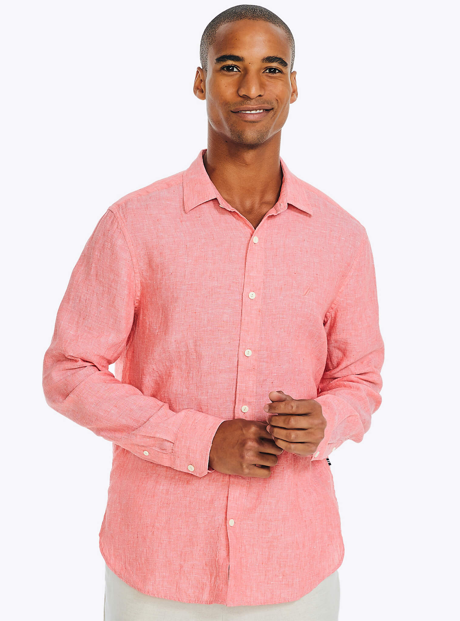 Camisa Manga Larga Sólida Lino Rosado Hombre