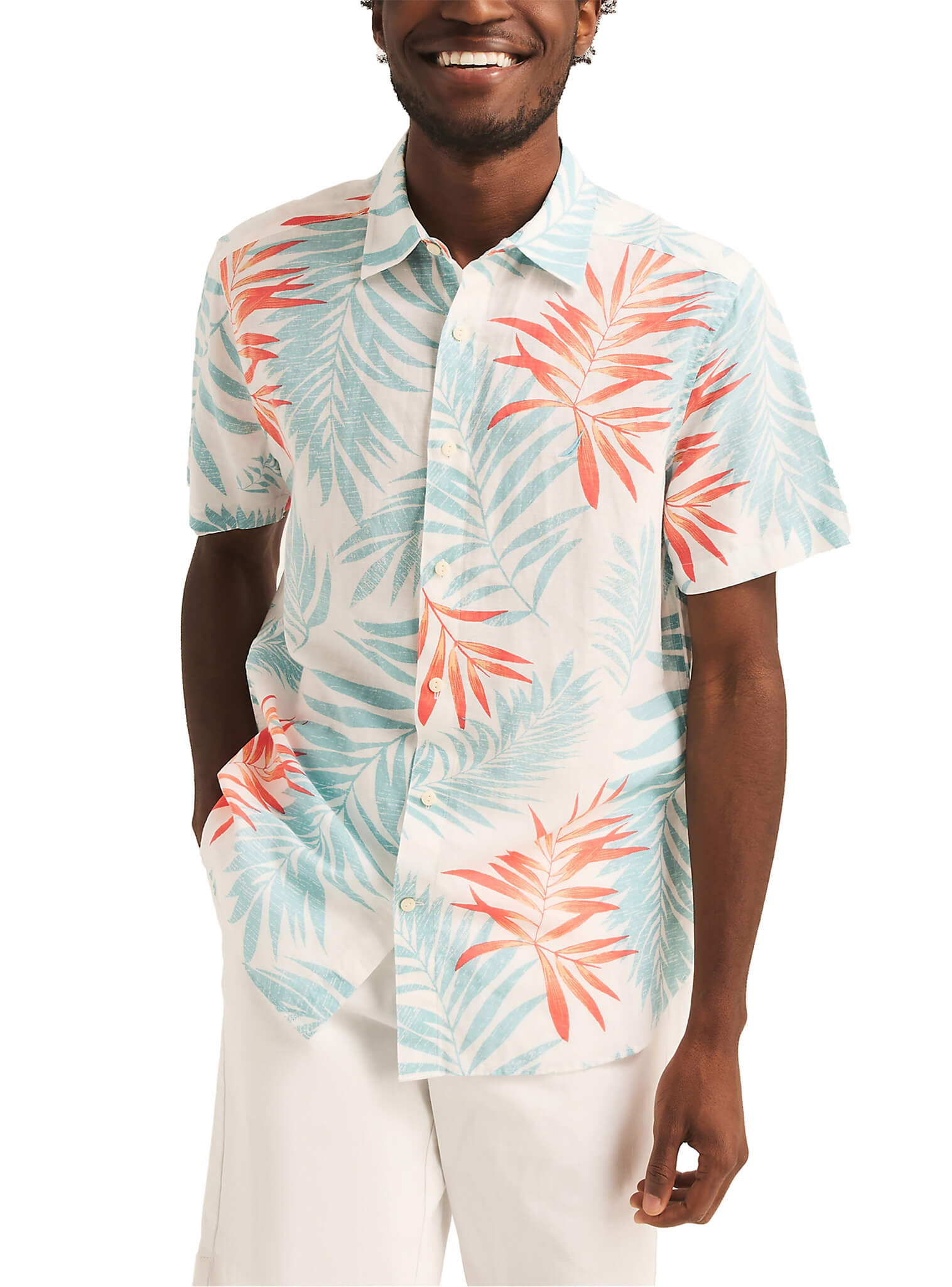 Camisa Manga Corta Palm Leaf Lino Blanco Hombre