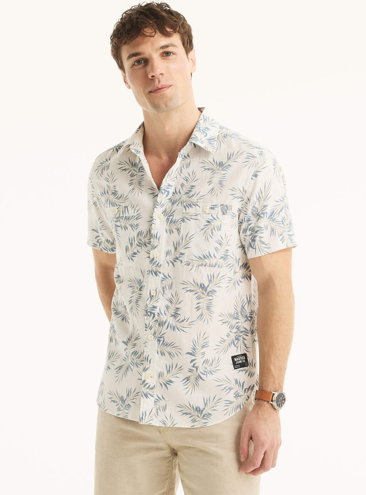 Camisa Manga Corta Print Tropical Leaf Lino Blanco Hombre