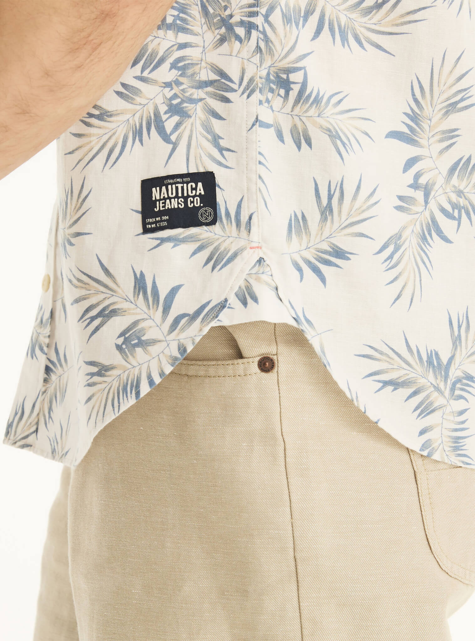 Camisa Manga Corta Print Tropical Leaf Lino Blanco Hombre