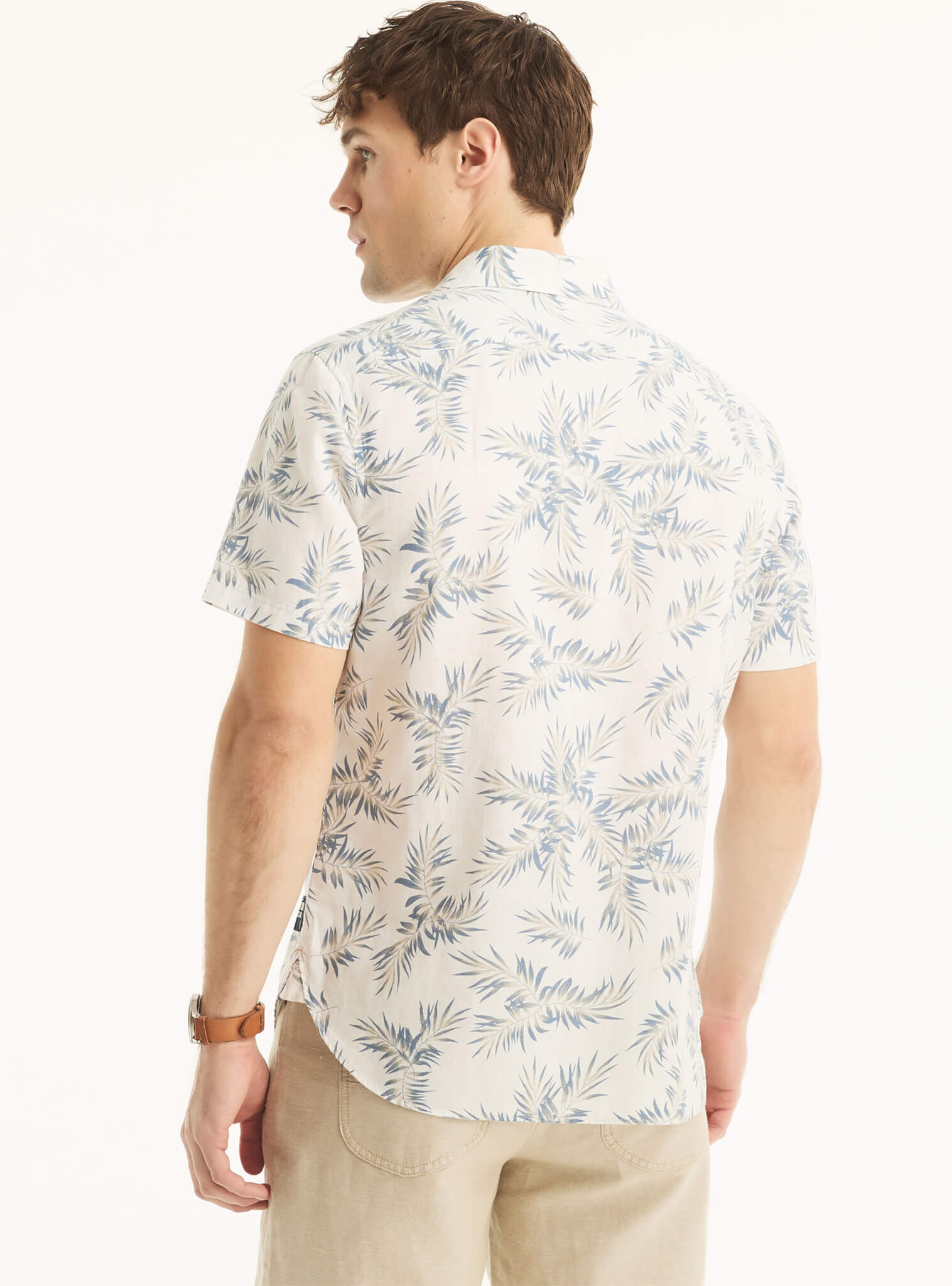 Camisa Manga Corta Print Tropical Leaf Lino Blanco Hombre