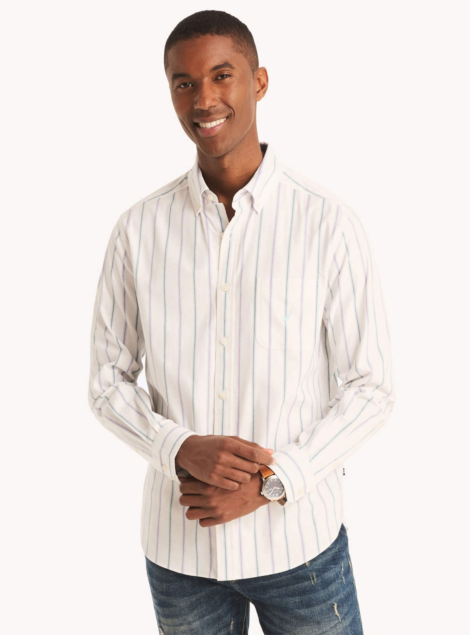 Camisa Manga Larga Oxford Blanca A Rayas Hombre