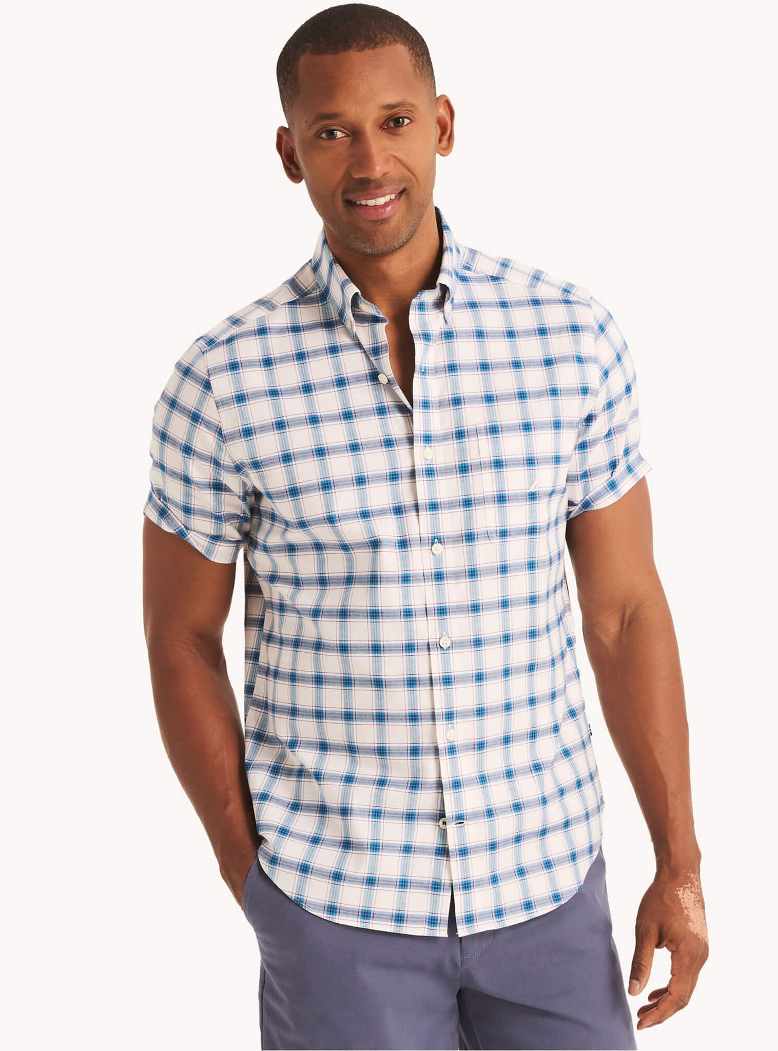 Camisa Manga Corta A Cuadros Blanco Azulino Oxford Hombre Nautica