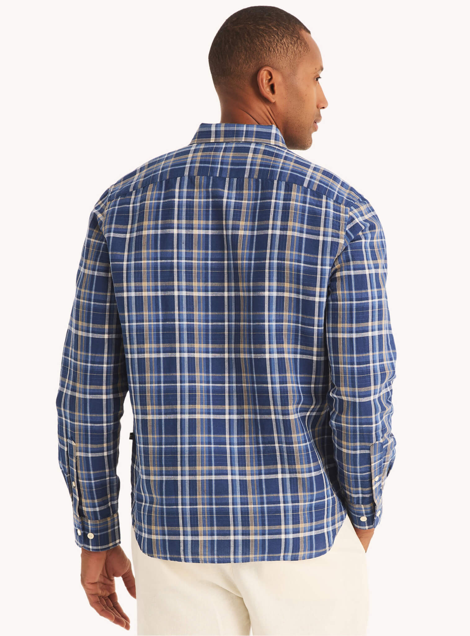 Camisa Manga Larga A Cuadros Lino Azul Hombre