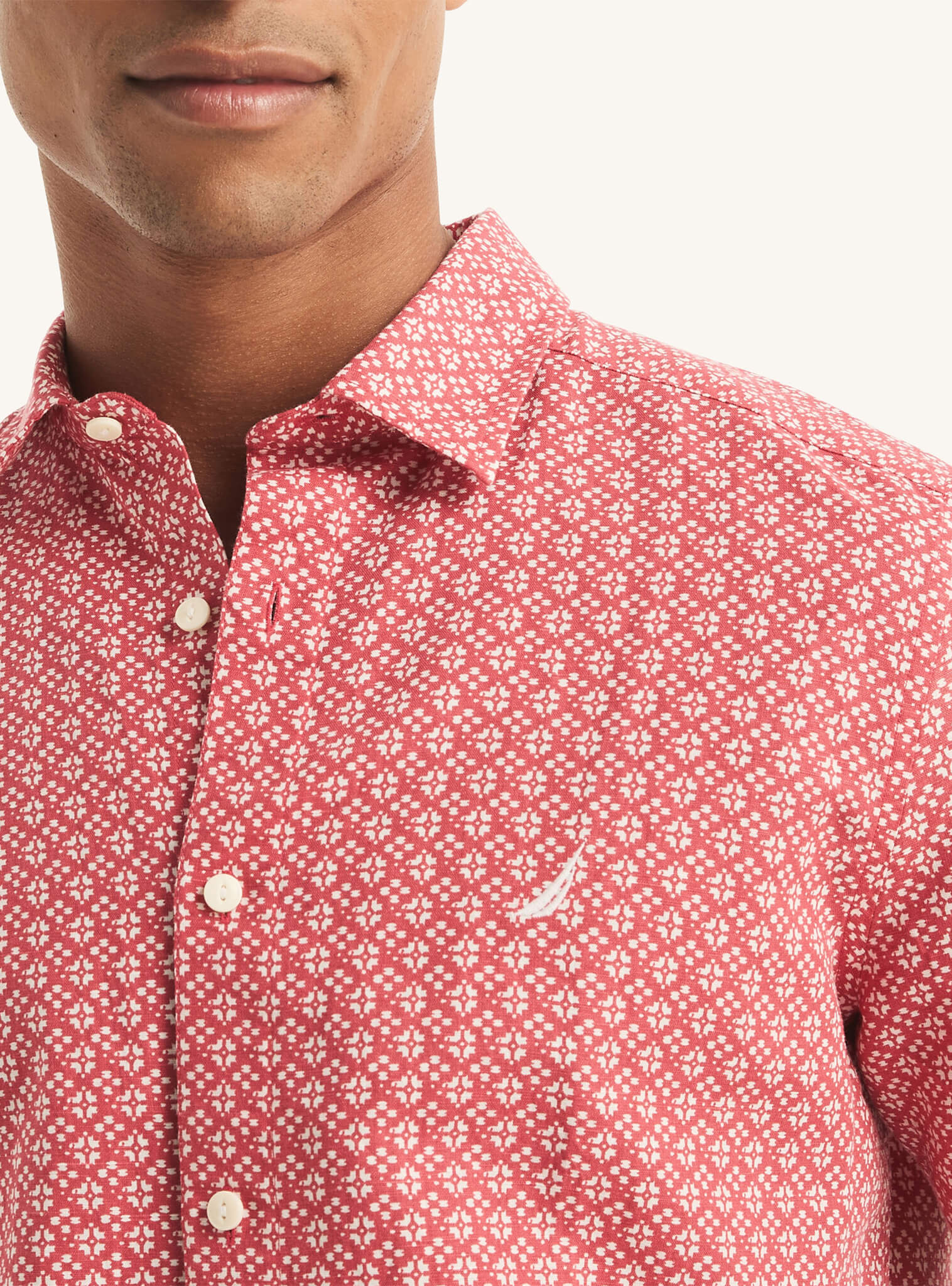 Camisa Manga Corta Estampado Geométrico Lino Rojo Hombre