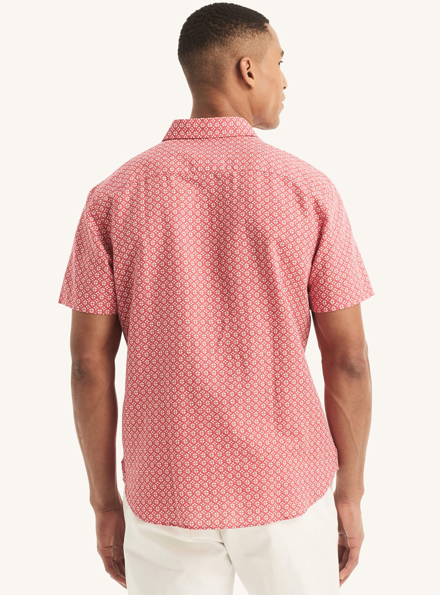 Camisa Manga Corta Estampado Geométrico Lino Rojo Hombre