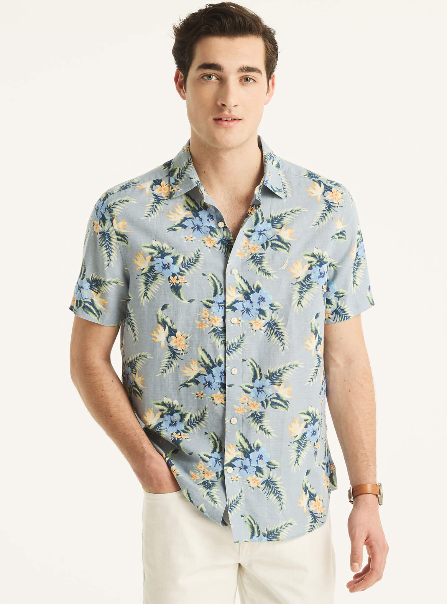 Camisa Manga Corta Estampado Hibisco Lino Celeste Hombre