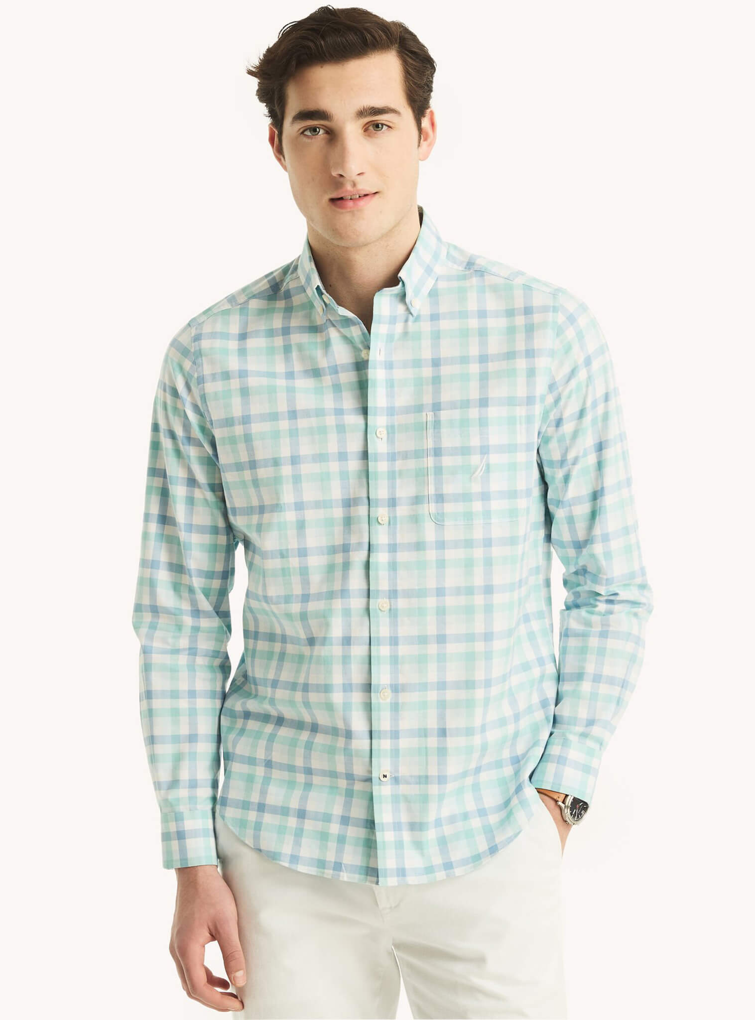 Camisa Manga Larga A Cuadros Oxford Agua Hombre