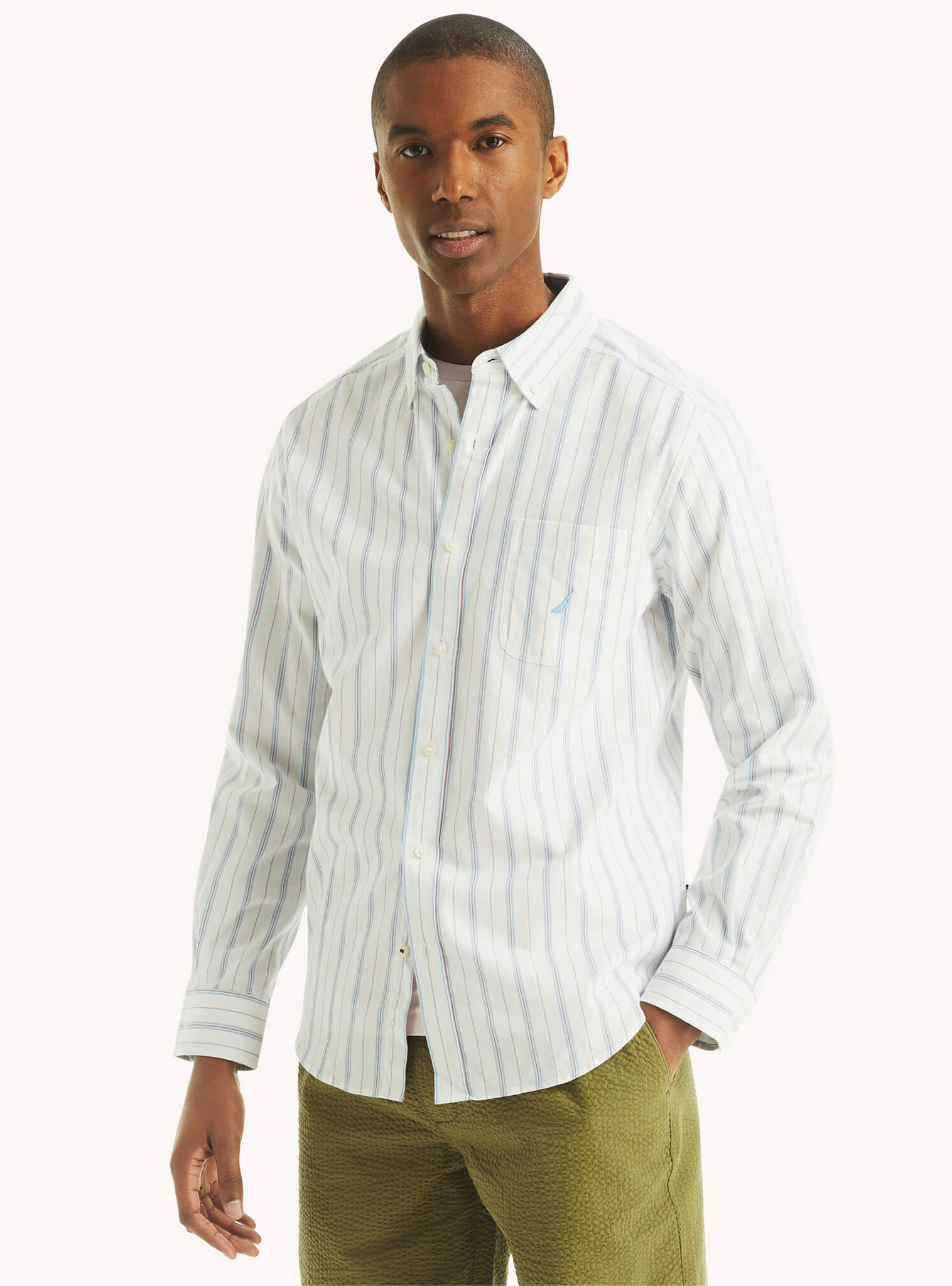 Camisa Manga Larga A Rayas Oxford Blanco Hombre – Nautica