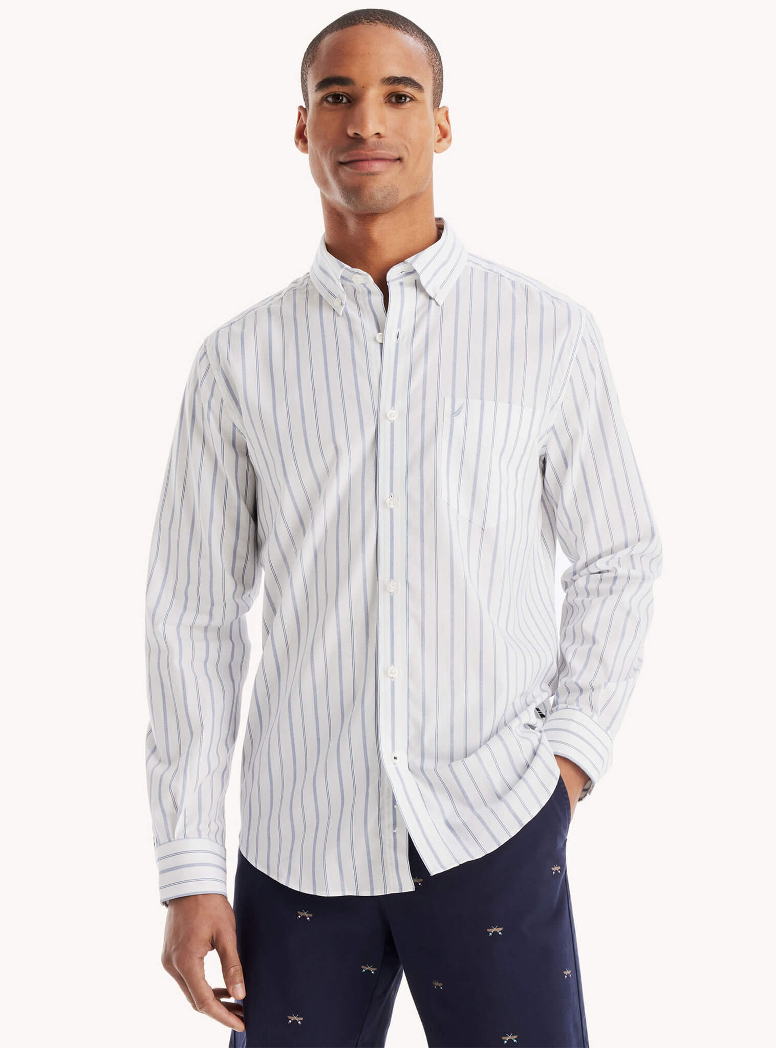 Camisa Manga Larga Resistente A Las Arrugas A Rayas Blanco Hombre