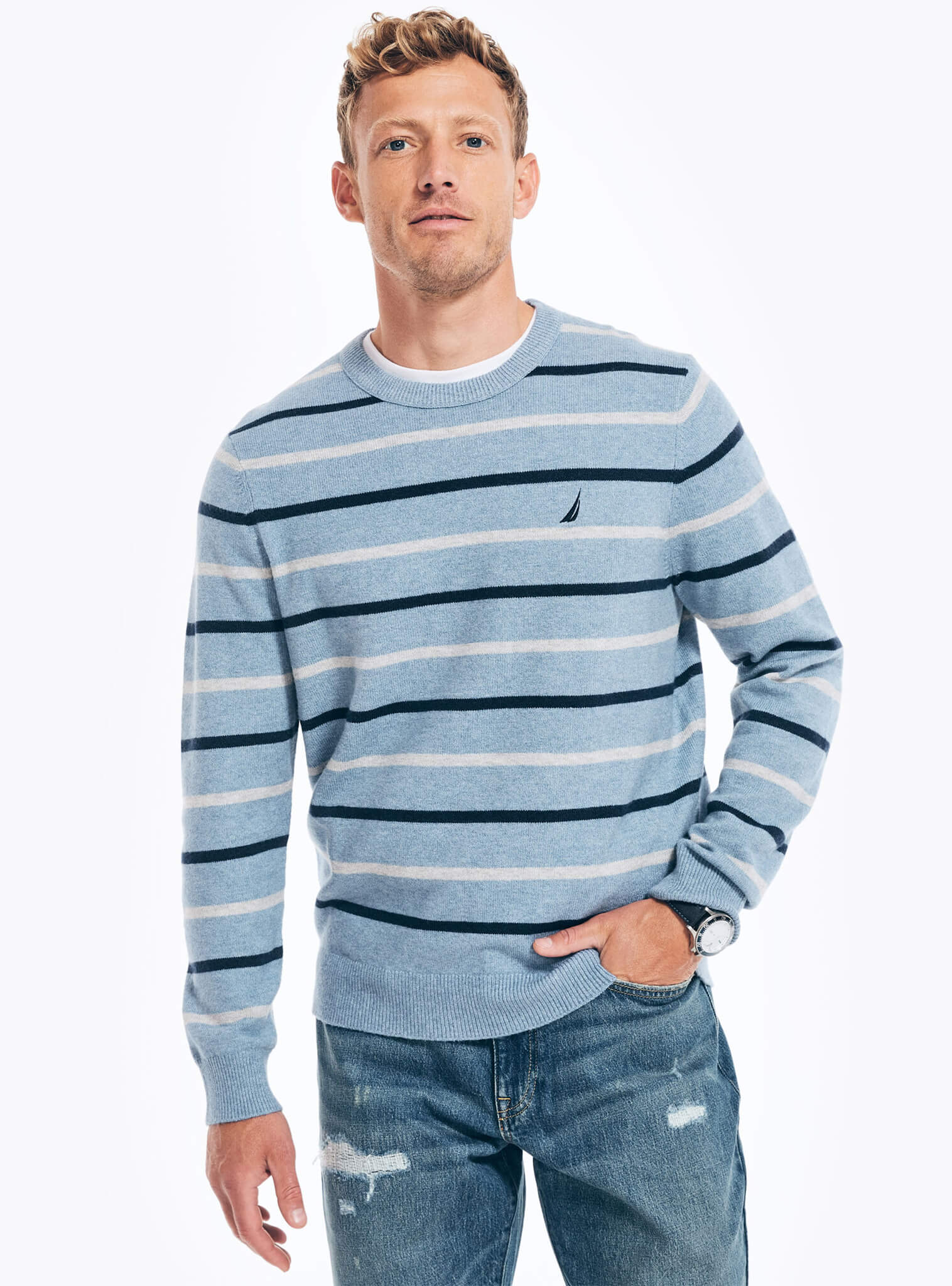 Sweater Manga Larga A Rayas Sustainably Crafted Celeste Hombre – Nautica