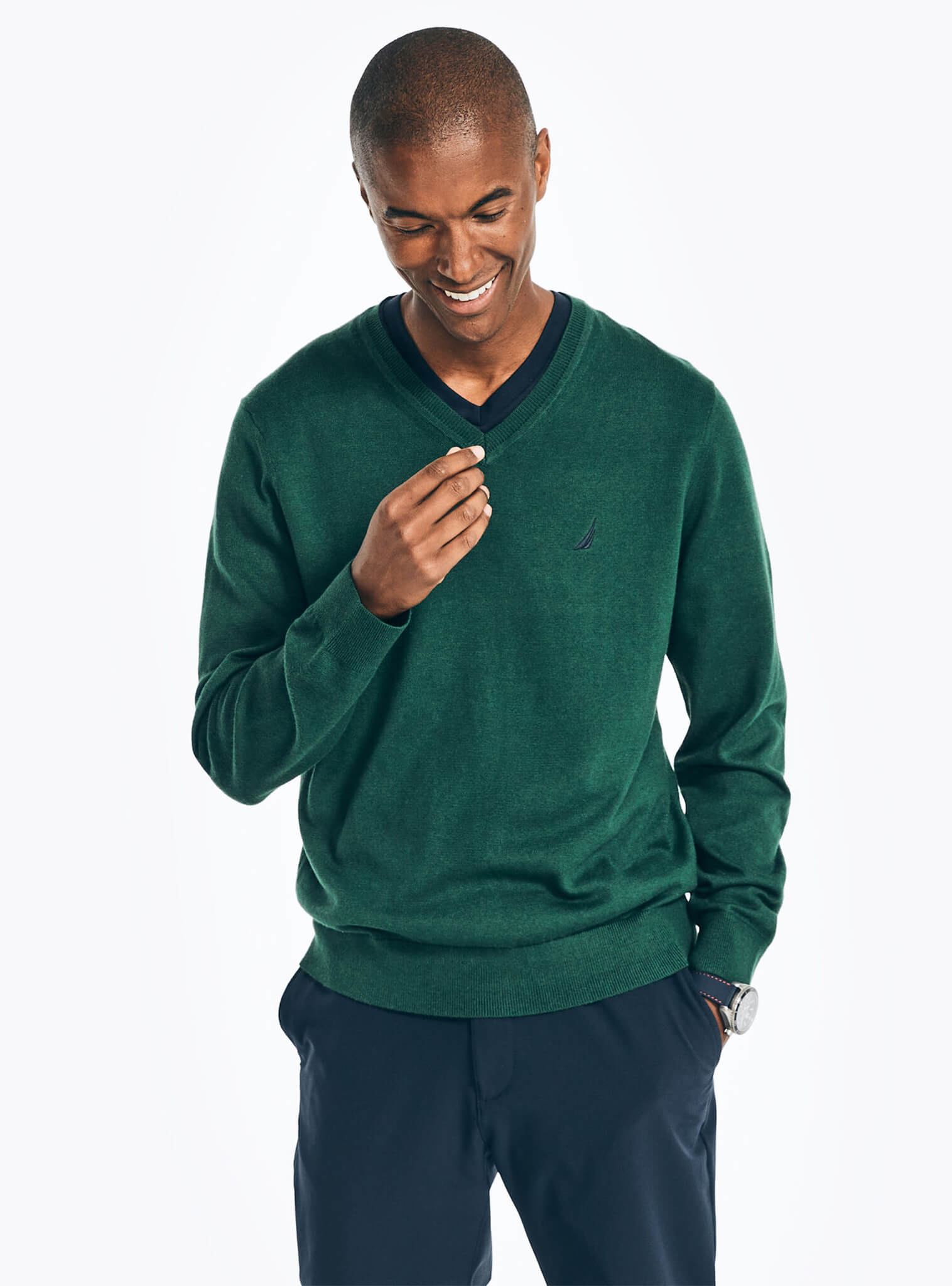 Sweater Manga Larga Clásico Cuello En V Verde Hombre