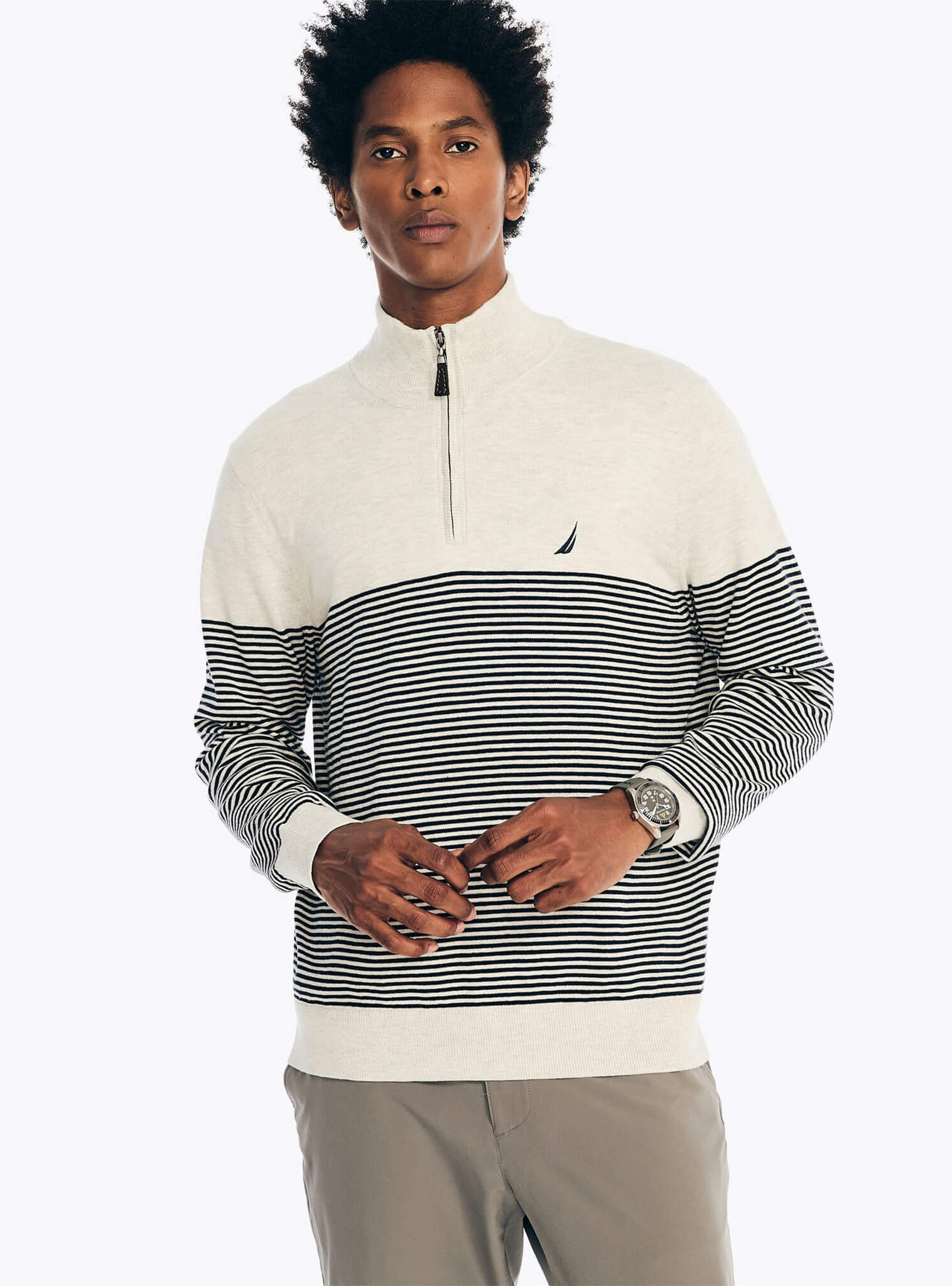 Sweater Manga Larga Medio Cierre A Rayas Blanco Navtech Hombre