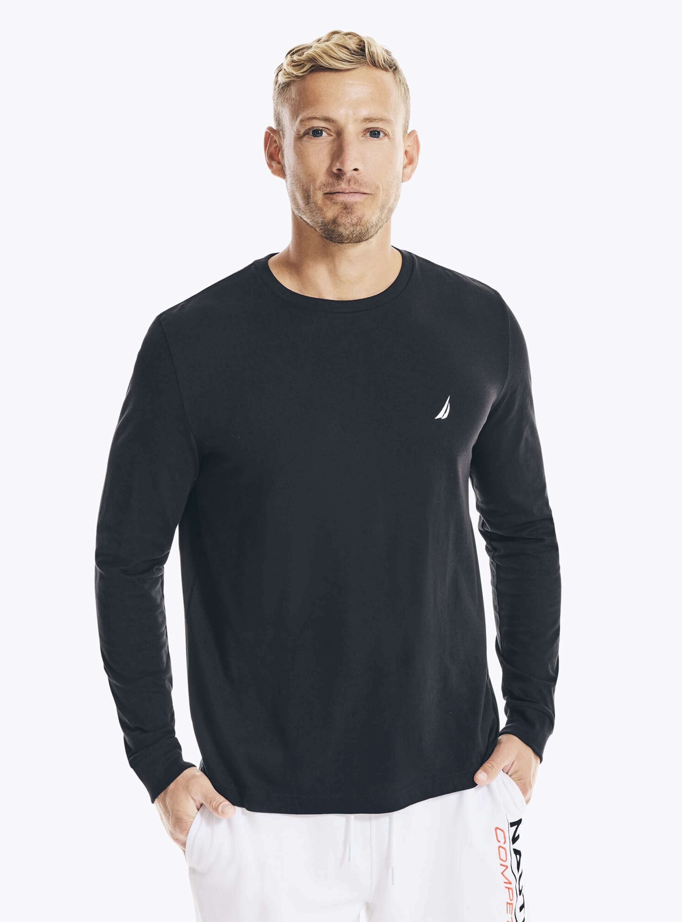 Polera Manga Larga Cuello Redondo Básica Sólida Negro Hombre