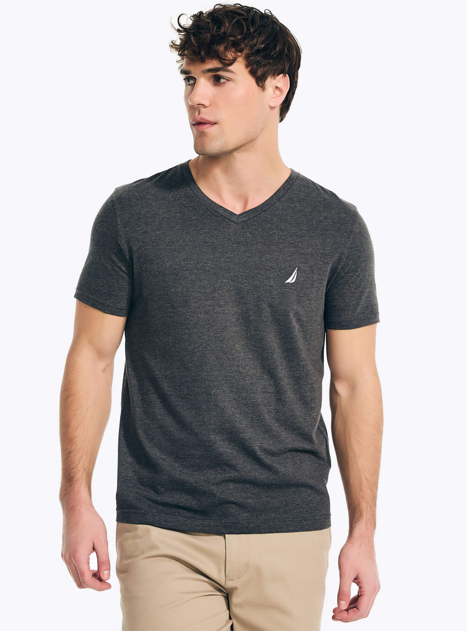 Polera Manga Corta Cuello V Básica Melange Gris Oscuro Hombre