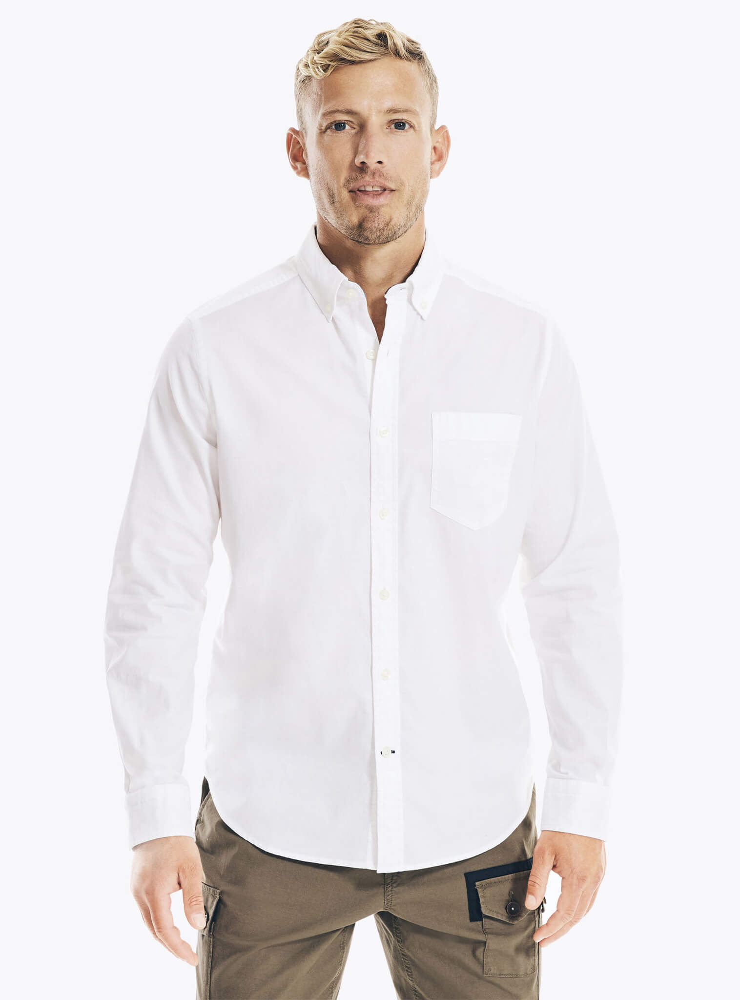 Camisa Manga Larga Sólida Blanca Oxford Hombre – Nautica