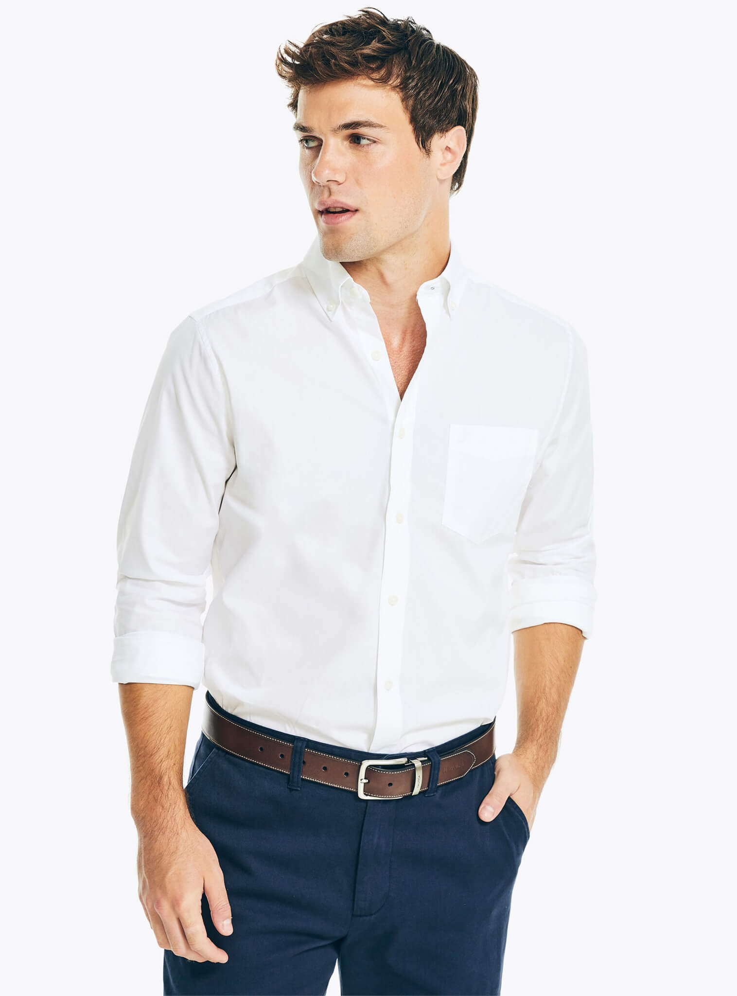 Ropa Blanca Look Blanco Hombre Camisa Manga Larga Sólida Blanca